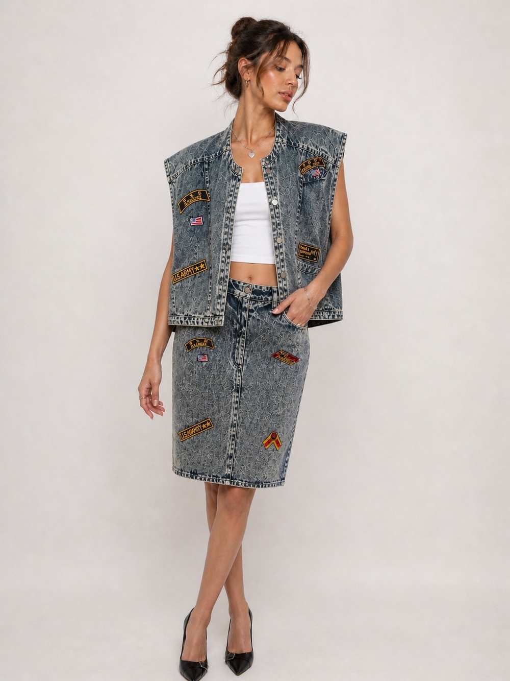 Vintage Esse Eri‎ & Pi Acid Wash Denim Patch Pencil Skirt Set Sz. S